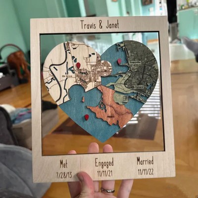 Personalized Met Engaged Married Heart Puzzle Map Wooden Framed Wall Art Anniversary Valentine's Day Gift for Couple