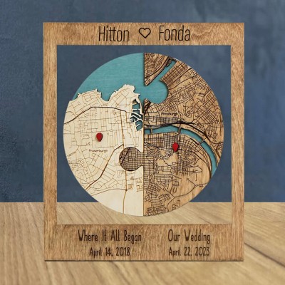 Personalized Two Locations Puzzle Map Wooden Framed Wall Art Anniversary Valentine's Day Gift for Couple