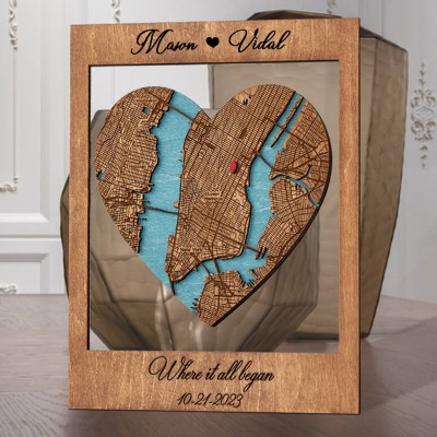 Personalized Where It All Began Map Wooden Framed Wall Art Anniversary Valentine's Day Gift for Couple