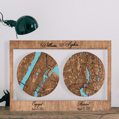 Personalized Met Engaged Married Map Wooden Framed Wall Art Anniversary Valentine's Day Gift for Couple
