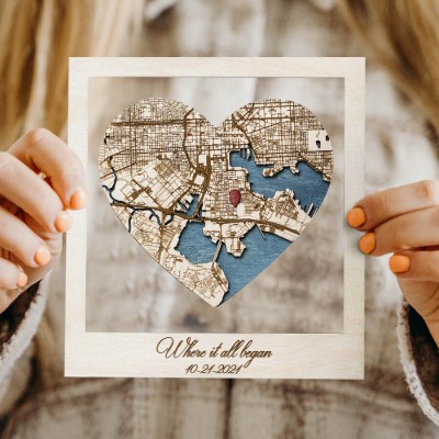 Personalized Where It All Began Map Wooden Framed Wall Art Anniversary Valentine's Day Gift for Couple