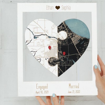Personalized Two Locations Heart Puzzle Map Wooden Framed Wall Art Anniversary Valentine's Day Gift for Couple
