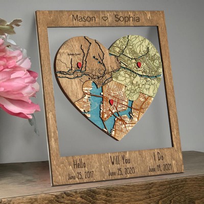 Personalized Met Engaged Married Heart Puzzle Map Wooden Framed Wall Art Anniversary Valentine's Day Gift for Couple