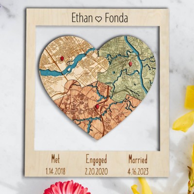 Personalized Met Engaged Married Heart Puzzle Map Wooden Framed Wall Art Anniversary Valentine's Day Gift for Couple