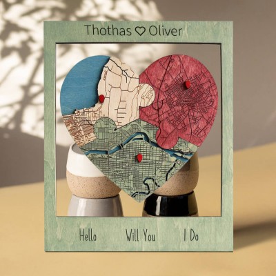 Personalized Met Engaged Married Heart Puzzle Map Wooden Framed Wall Art Anniversary Valentine's Day Gift for Couple