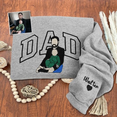 Custom Embroidered Dad Sweatshirt With Photo and Kids Name On Sleeve For Father's Day Gift