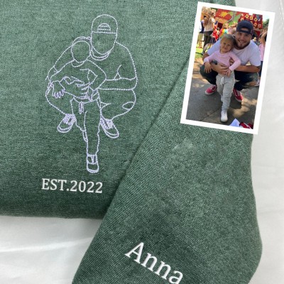 Custom Embroidered Dad Photo Outline Sweatshirt With Kids Name On Sleeve For Father's Day Gift