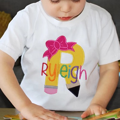 Personalized Initial Embroidered First Day Back to School Kindergarten Shirts For Kids