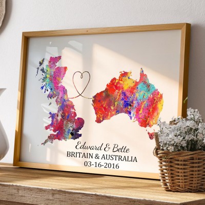 Personalized Two Countries Location Map Wooden Sign Gift For Valentine's Day Wedding Anniversary Birthday