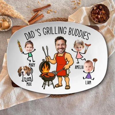 Personalized Daddy's Grilling Buddies BBQ Plate with Kids Name and Photo for Dad Father's Day Gift