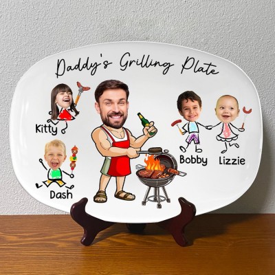 Custom Daddy's Grilling BBQ Plate with Kids Name and Photo for Dad Father's Day Gift