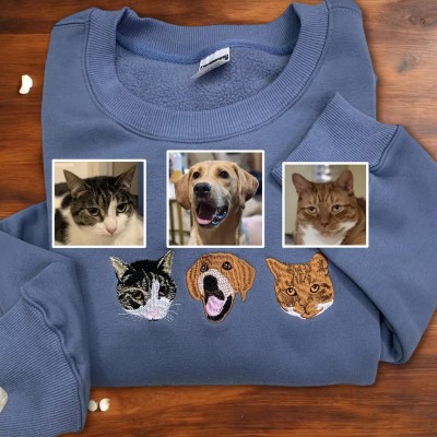 Custom Dog Cat Face Portrait Embroidered Sweatshirt For Pet Lovers Keepsake Gift