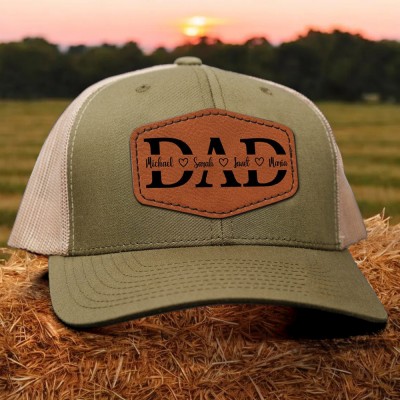 Custom Dad Leather Patch Hat With Kids Name For Men Dad Father's Day Gift