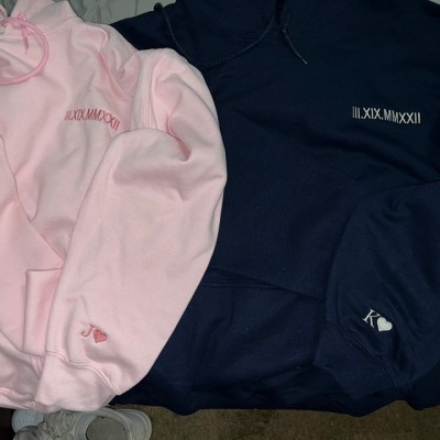 Custom Embroidered Roman Numeral Hoodie Anniversary Valentine's Day Gift For Couple