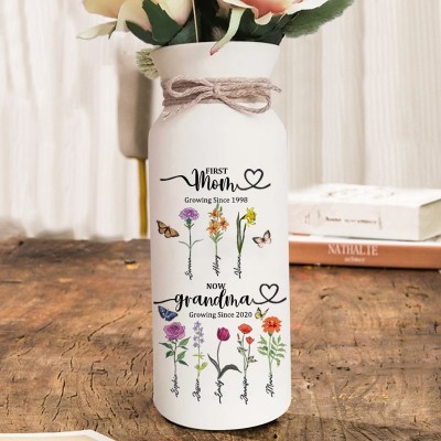 Custom Grandma's Garden Birth Flower Vase with Kids Names For Grandma Mom Anniversary Gift