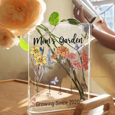 Personalized Mom's Garden Birth Month Flower Acrylic Book Vase With Kids Name For Mom Grandma Mothers Day Gift