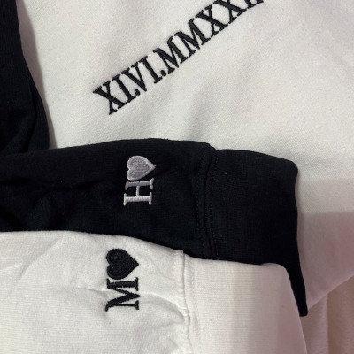 Custom Embroidered Roman Numeral Sweatshirt Anniversary Date and Initials on Sleeve Valentine's Day Gift For Couple