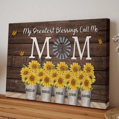 My Greatest Blessings Call Me Mom Personalized Mom Sunflower Wood Sign With Kids Name For Mother's Day Gift