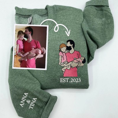 Custom Embroidered Dad Sweatshirt With Photo and Kids Name On Sleeve For Father's Day Gift