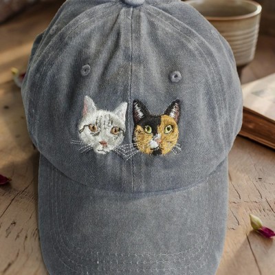 Custom Cat Face Photo Embroidered Hat For Pet Lover Memorial Keepsake Gift