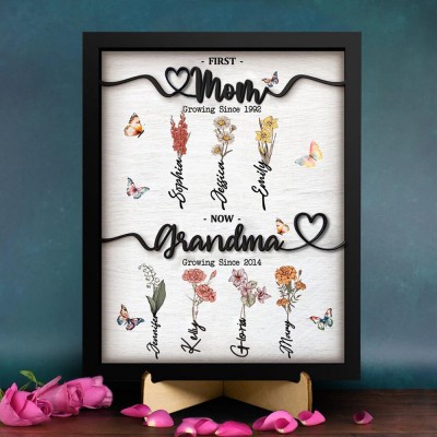 First Mom Now Grandma Wooden Sign Personalized Birth Month Flowers Gift From Kids For Mom Grandma Birthday Mother's Day