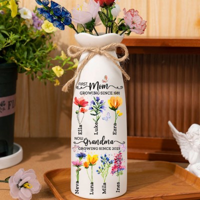 First Mom Now Grandma Custom Birth Month Flower Vase With Kids Name For Mom Grandma Gift