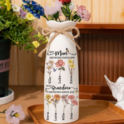 Personalized First Mom Now Grandma Vase With Kids Birth Month Flower and Name For Mom Grandma Gift