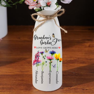 Personalized Grandma's Garden Birth Month Flower Vase With Grandkids Name For Mom Grandma Mother's Day Gift
