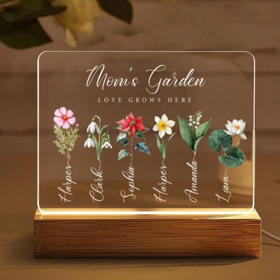 Personalized Mom's Garden Birth Month Flower LED Night Light with Kids Name For Mom Grandma Birthday Mother's Day Gift