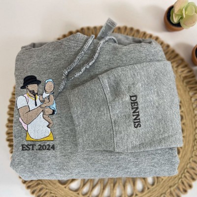 Custom Embroidered Dad Hoodie Sweatshirt With Photo and Kids Name On Sleeve For Father's Day Gift