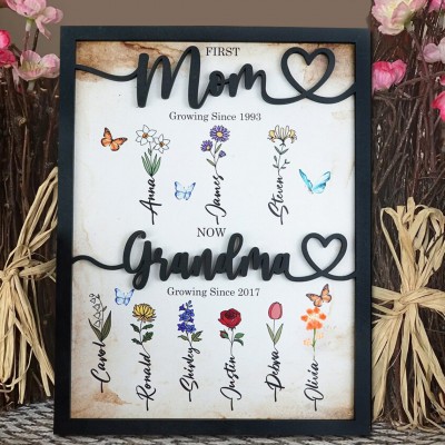 First Mom Now Grandma Personalized Birth Month Flower Wooden Sign With Kids Name For Mother's Day Gift