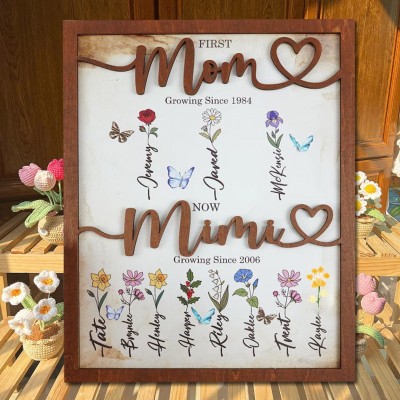 First Mom Now Grandma Personalized Birth Month Flower Wooden Sign With Kids Name For Mother's Day Gift