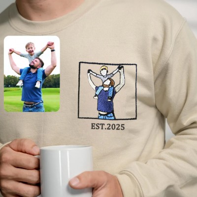 Custom Dad Portrait Embroidered Sweatshirt With Kids Name On Sleeve For Father's Day Gift
