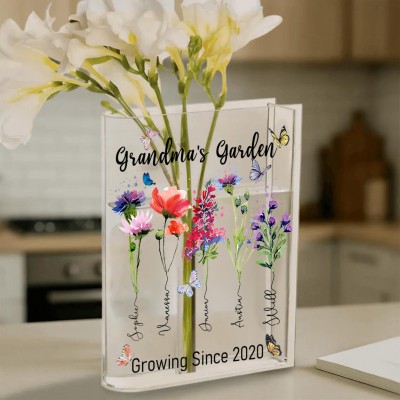 Personalized Grandma's Garden Birth Month Flower Acrylic Book Vase With Grandchildren Name For Mom Grandma Christmas Gift