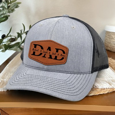 Custom Dad Leather Patch Hat With Kids Name For Men Dad Father's Day Gift