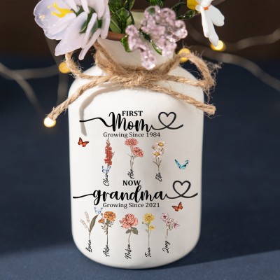 Personalized First Mom Now Grandma Vase With Kids Birth Month Flower and Name For Mom Grandma Gift