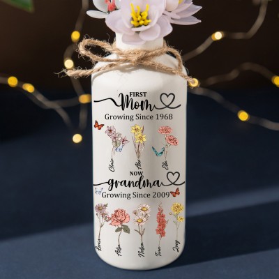 Personalized First Mom Now Grandma Vase With Kids Birth Month Flower and Name For Mom Grandma Gift