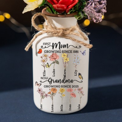 Personalized First Mom Now Grandma Vase With Kids Birth Month Flower and Name For Mom Grandma Gift