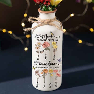 Personalized First Mom Now Grandma Vase With Kids Birth Month Flower and Name For Mom Grandma Gift