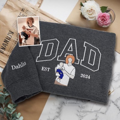Custom Embroidered Dad Sweatshirt With Photo and Kids Name On Sleeve For Father's Day Gift