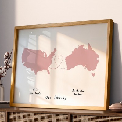 Personalized Two Countries Location Map Wooden Sign Gift For Valentine's Day Wedding Anniversary