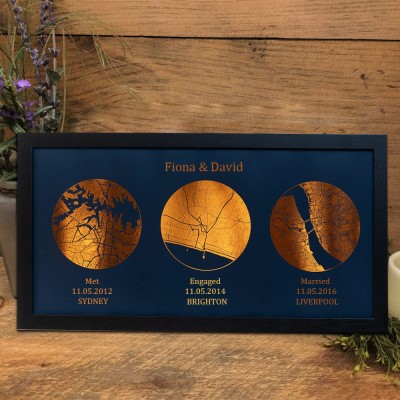 Personalized Met Engaged Married Love Story Foil Map Frame Unique Gift For Couple Valentine's Day Anniversary