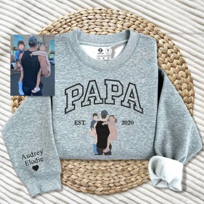 Custom Embroidered Dad Sweatshirt With Photo and Kids Name On Sleeve For Dad Papa Father's Day Gift