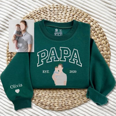 Custom Embroidered Dad Sweatshirt With Photo and Kids Name On Sleeve For Dad Papa Father's Day Gift