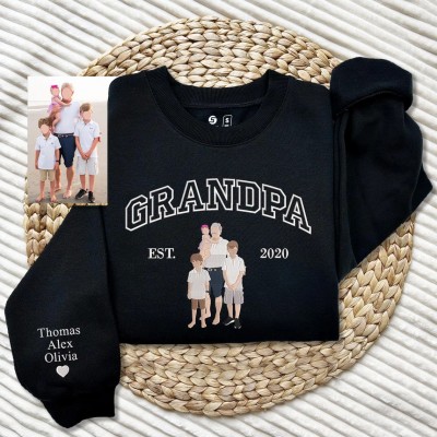 Custom Embroidered Dad Sweatshirt With Photo and Kids Name On Sleeve For Dad Grandpa Father's Day Gift