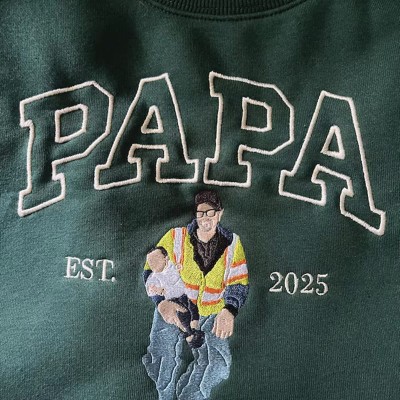 Custom Dad Portrait From Photo Embroidered Sweatshirt With Kids Name On Sleeve For Dad Papa Father's Day Gift