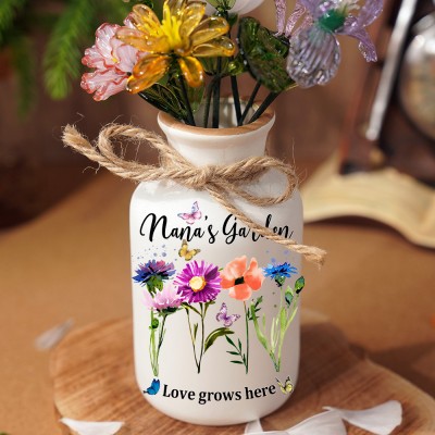 Personalized Nana's Garden Birth Month Flower Vase For Mom Grandma Christmas Gift