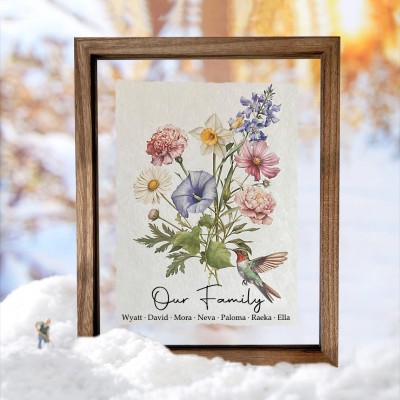 Custom Birth Flower Family Bouquet Frame Antique Home Art For Mom Grandma Mother's Day Gift