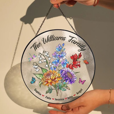 Custom Family Birth Flowers Glass Suncatcher With Kids Name For Mom Grandma Christmas Gift