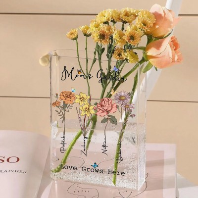 Personalized Mom's Garden Birth Month Flower Book Vase With Kids Name For Mom Grandma Gift